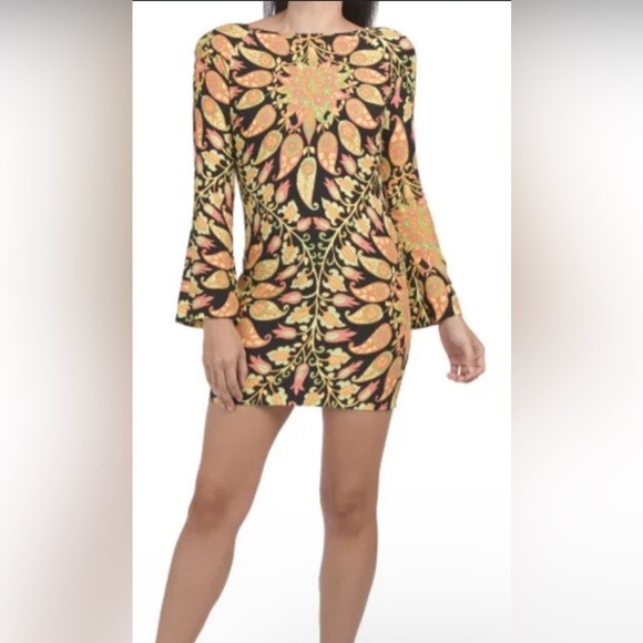 NWT! Zara size medium long sleeve printed mini boho dress multicolored pattern - Picture 14 of 15